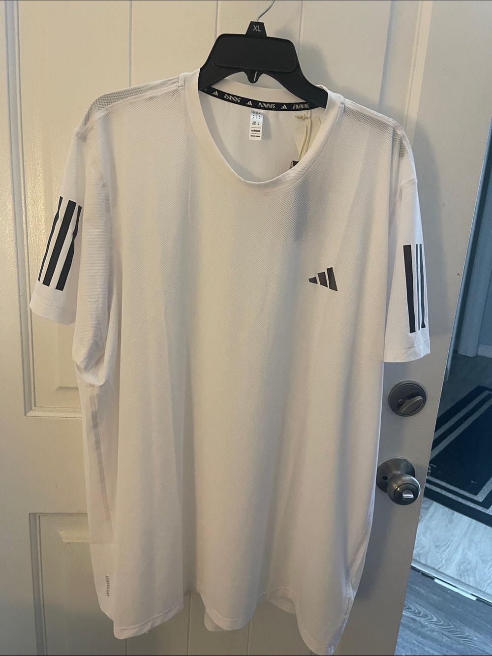 adidas White Short Sleeve Training Tee with Black Stripes